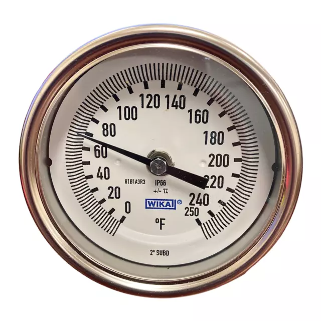 Wika TG53 3" 1/2" x 2-1/2" 0-250°F Flat Instrument Glass Bimetal Thermometer