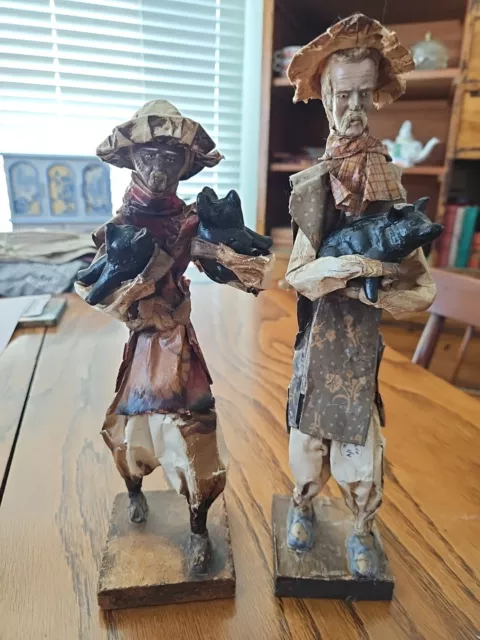 Vintage Well Done Mexican Folk Paper Mache Figures-Older Men Carrying Pigs