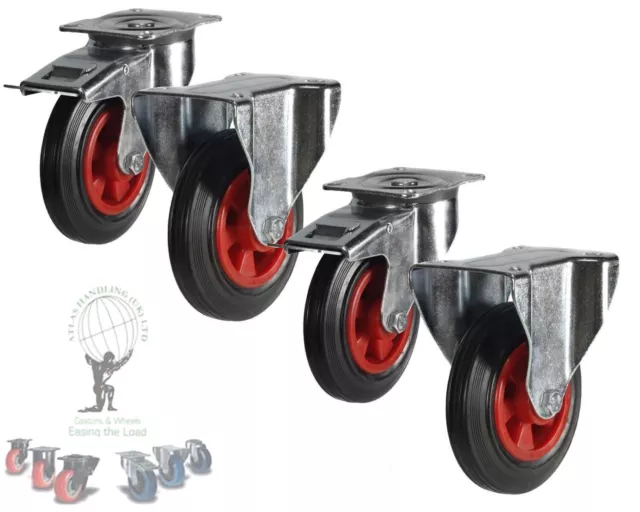200mm HEAVY DUTY Industrial Castors: 8" Rubber Wheels