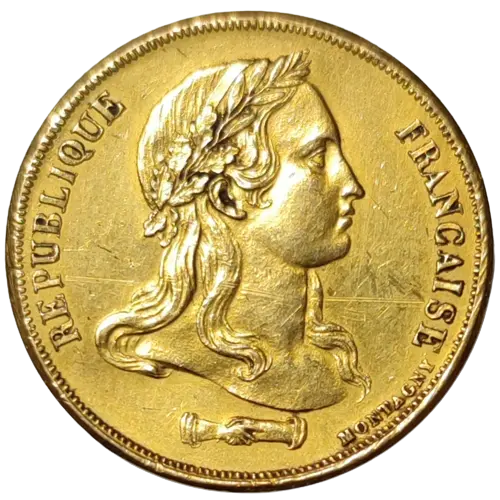 IIème République, concours de 20 francs, essai en laiton de Montagny buste nu...