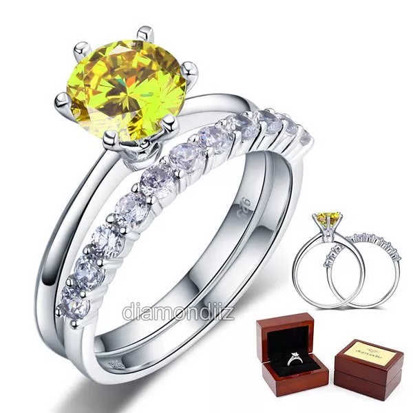 925 Sterling Silver Engagement Ring Set 2 Ct Yellow Canary Lab Created Diamond