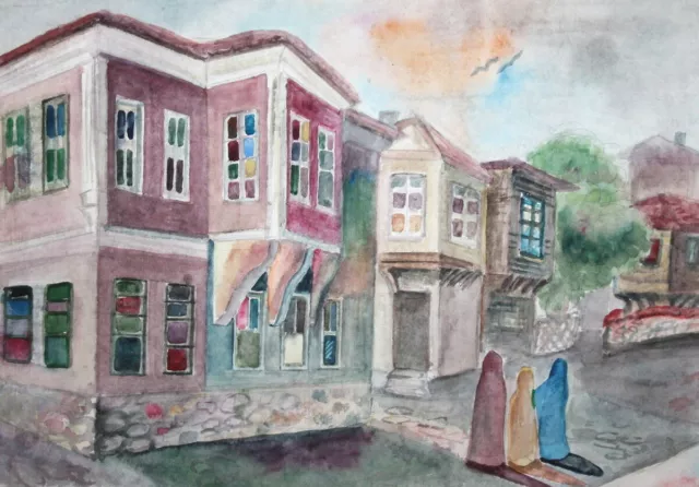 1987 Europäisches Aquarell Stadtbild signiert