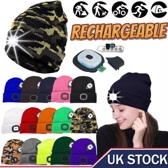 Unisex Knitted Wooly Beanie Hat With LED Light WinterWarm Head Torch Lamp Cap