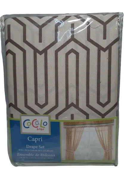 NEW CoCaLo Capri Window Drape Set w/ Tie Back Geometric Cotton Tan Brown 42"x84"