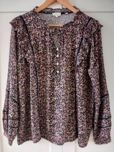 Fat Face Size 14 Top Blouse Black Ditsy Floral Long Sleeve