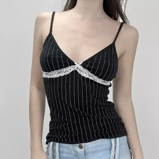 Vintage Cami Top Pin Stripe Lace Bow Grunge Goth Women Coquette Tank