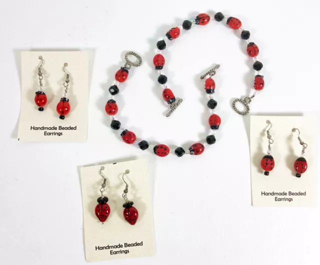 Wholesale Lot Ladybug Bracelets Earrings Craft Fair 8 Pieces Sterling Lampwork