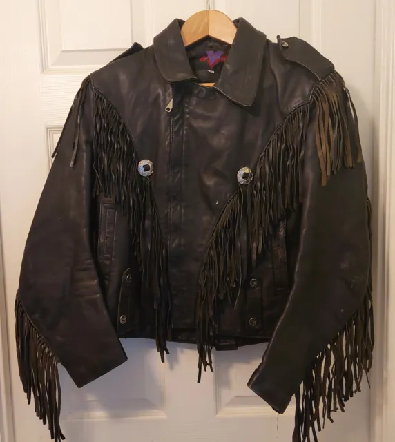 Vintage Verducci Leather Fringed Motorcycle Bicker Jacket W/Skull buttonssize 40