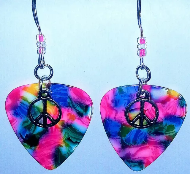 Tie Dye Psychedelic Guitar Pick Earrings Peace Sign Beaded Silver Plated Jewelry