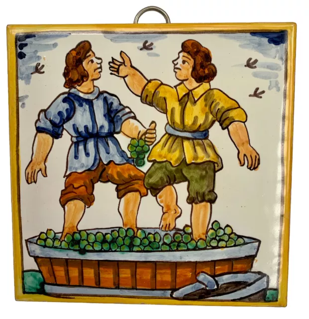 Decorative Tile Made In Spain, Depicts Men Stoping Grapes, Great Condition