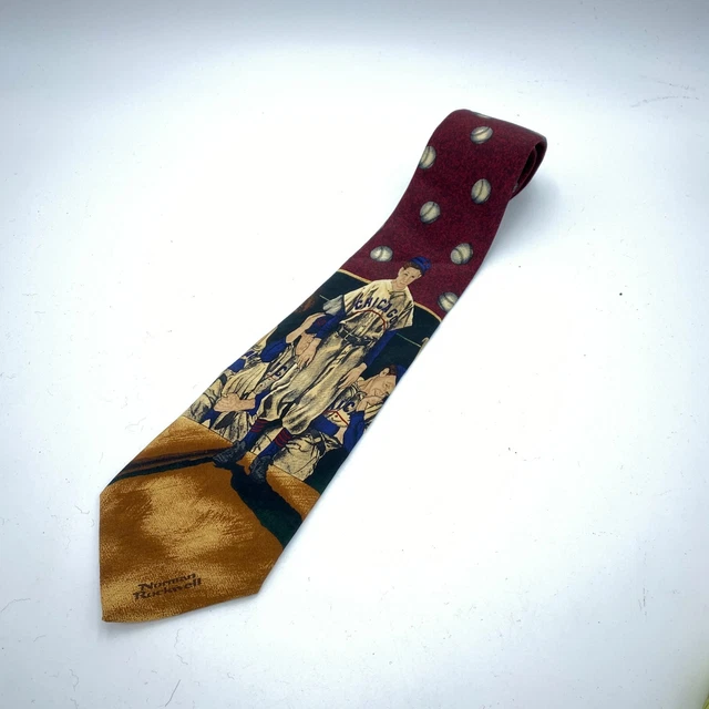 VTG 95 Norman Rockwell Chicago Cubs Baseball Necktie 100% Silk Made in Canada
