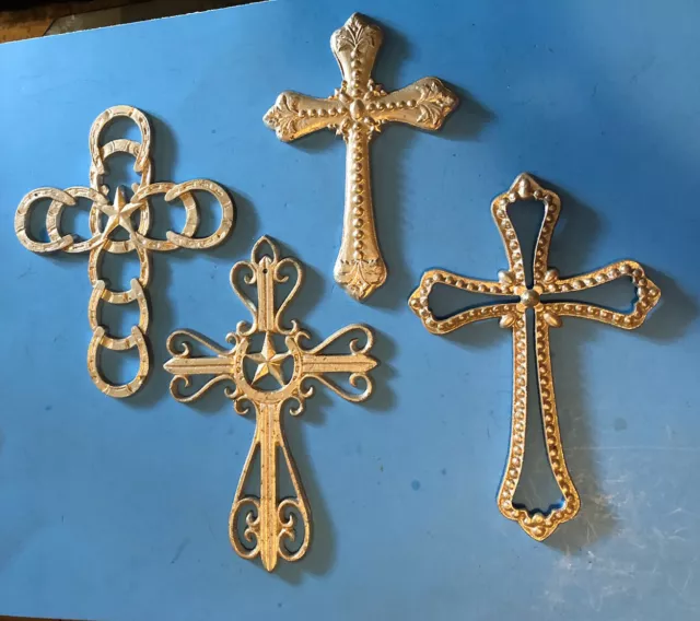 4pc, Cast Iron Western Style Crosses, AS IS, Painted Silver, Shop Worn Barn Deco