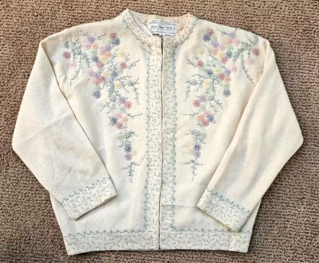 Vtg 60's Hong Kong Hand Beaded Floral Lambswool Cardigan Sweater Sz 40 S/M