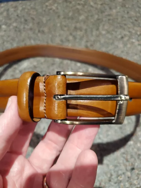 Barneys New York Brown tan Italian leather calfskin belt sz 34 Nickle Buckle EUC