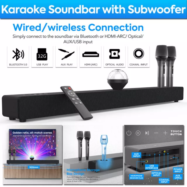 Karaoke KTV Machine Bluetooth Stereo Soundbar Speaker with 2 Wireless Microphone