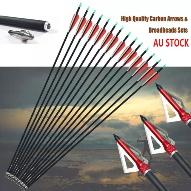 12X Carbon Arrows 30" Spine 500 & Broadhead For Compound/Recurve Bow Hunting