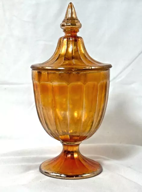 Vintage Candy Dish Footed Compote Jar Marigold Carnival Glass Covered Nice