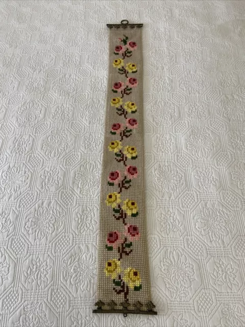 Vintage Floral Tapestry Bell Pull Wall Hanging Hand Embroidered w Brass Fittings