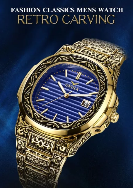 Fashion quartz watch men Brand ONOLA luxury Retro golden stainless steel watch