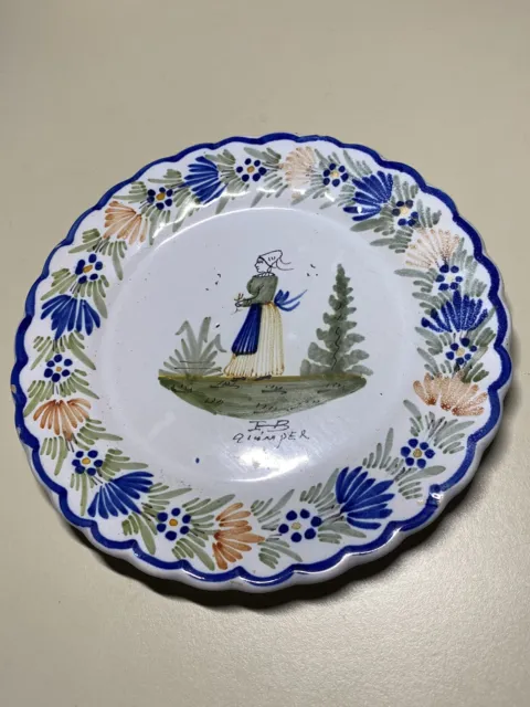 FB Henriot Quimper France Breton Woman 7” Faience Scallop Dessert Plate - Signed