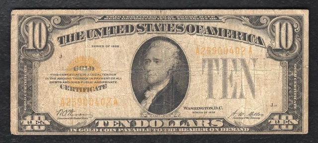 Fr. 2400 1928 $10 Ten Dollars Gold Certificate U.s. Currency Note
