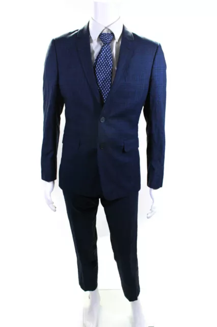Ted Baker Mens Wool Plaid v-nECK Notch Collar Two Button Suit Navy Size 38R