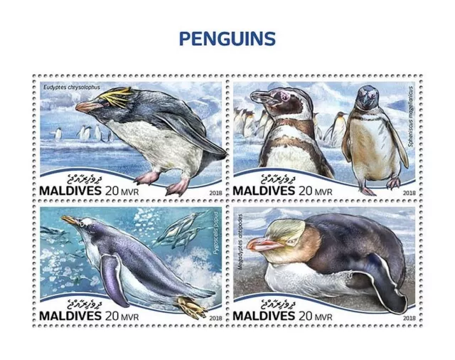 PENGUINS 4-Value MNH Sea Birds/Bird Stamp Sheet #292 (2018 Maldives)