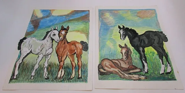2 Old 1976 Horse Pony Amateur Original Paintings 12x16 Textured Paper FREE S/H