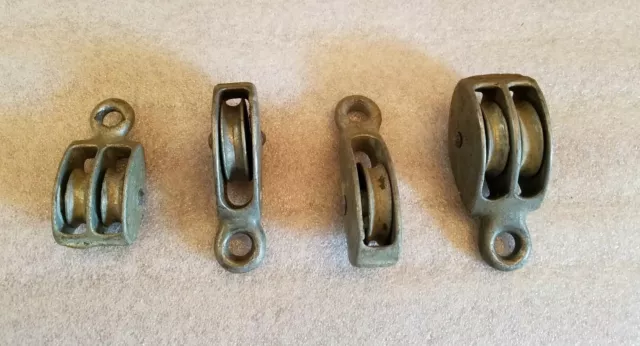 Vintage Lot Of 4 Industrial Maritime Galvanized Steel Pulley 2 1/2" & 3 1/4" VG