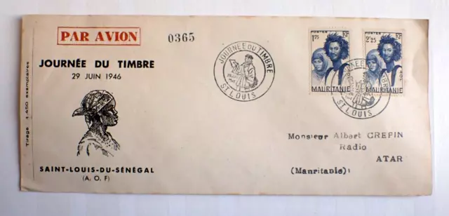 Mauritanie Lettre Par Avion Journee Du Timbre Saint Louis 1946