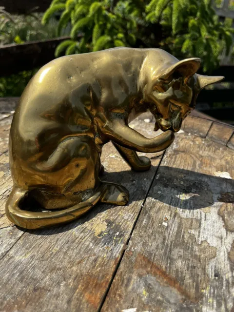 Vintage Brass Cat Licking Paw Statue Pet Feline Pussy