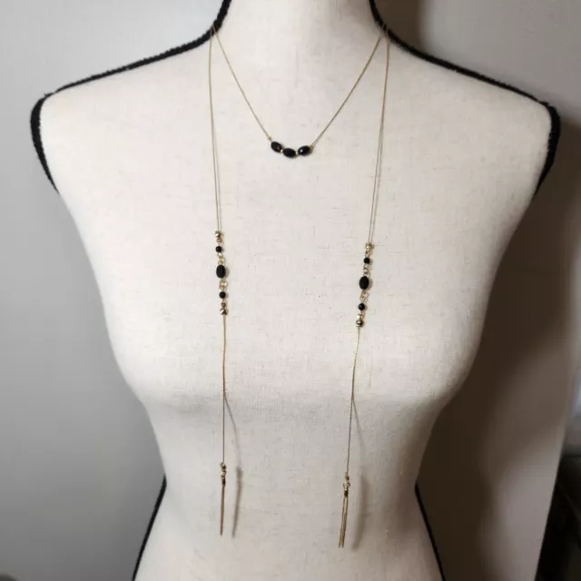 Boho Chic Minimalist Jules Smith Long Fringe Tassel Goldtone Necklace Black Bead