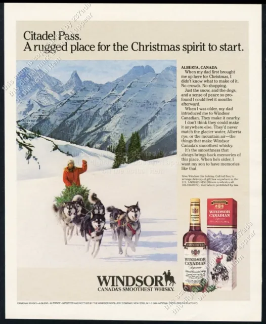 1986 Canada Citadel Pass dog sled team photo Windsor Canadian whisky print ad