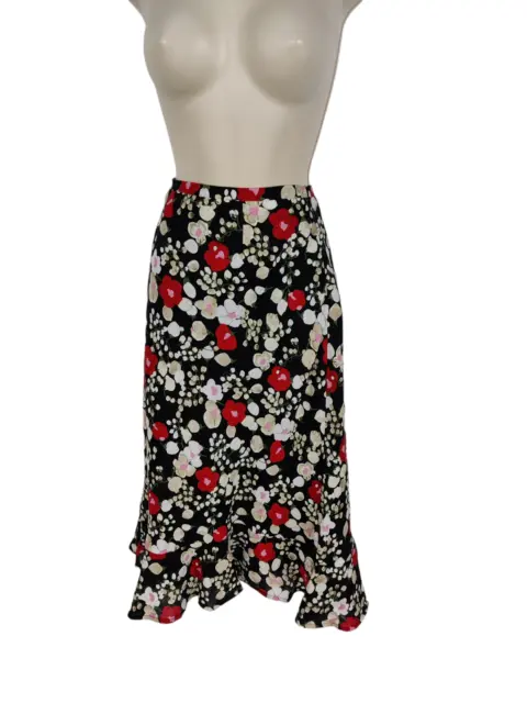 Womens Laura Ashley Uk 10 Black Floral 100% Linen A-Line Peplum Hem Midi Skirt