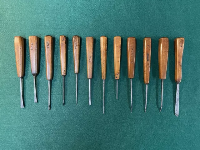 Set of 12 vintage wood carving chisels. Addis, Hatton, etc