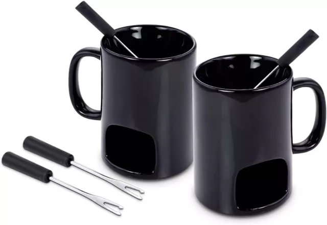 Fondue Mugs Set of 2 | Ceramic Mugs for Chocolate or Cheese | Includes Forks 2