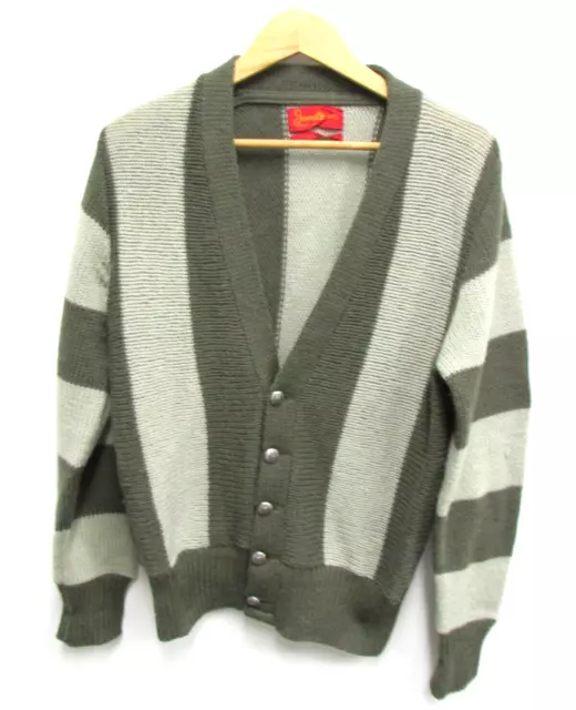 True Vintage 1950s JANTZEN Green Striped Wool Cardigan Sweater sz 40