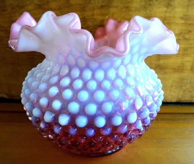 Vintage Fenton Cranberry Hobnail Opalescent & Ruffled Crimped Top 5" Vase, #3850