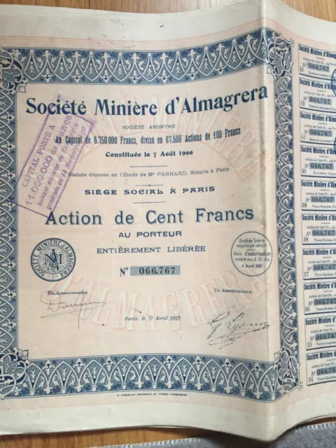 lot 4 Actions SOCIETE MINIERE D'ALMAGRERA 1927  achat possible à l'unité