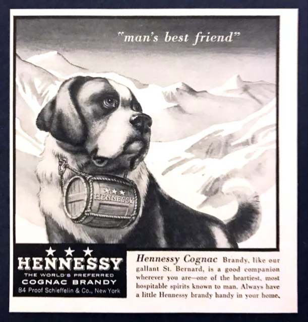 1955 St. Saint Bernard Dog Carrying Hennessy Cognac in Mountains art print ad
