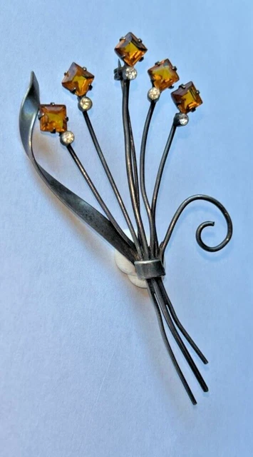 Vintage Art Deco Sterling Flower Brooch Topaz Colored Stones