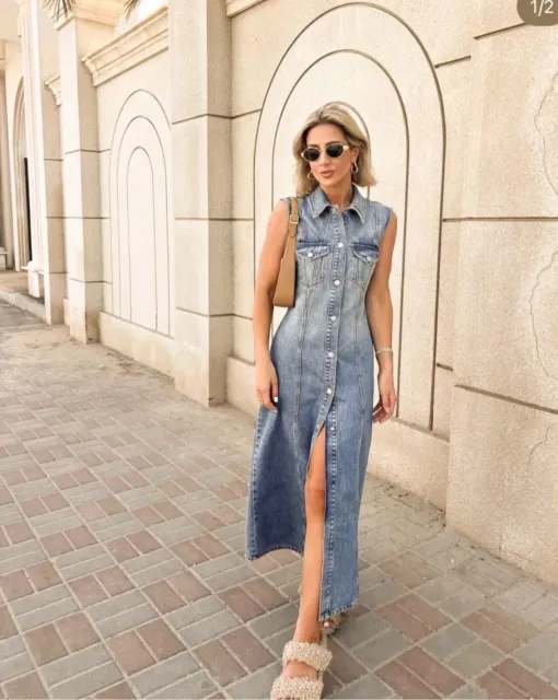ZARA Blue Denim Bandeau Faded Frayed Midi Dress Size S Bloggers Fave | eBay