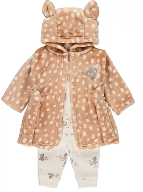 George Baby Girl Disney BAMBI Pyjama & fleece Dressing Gown 3 piece Set New