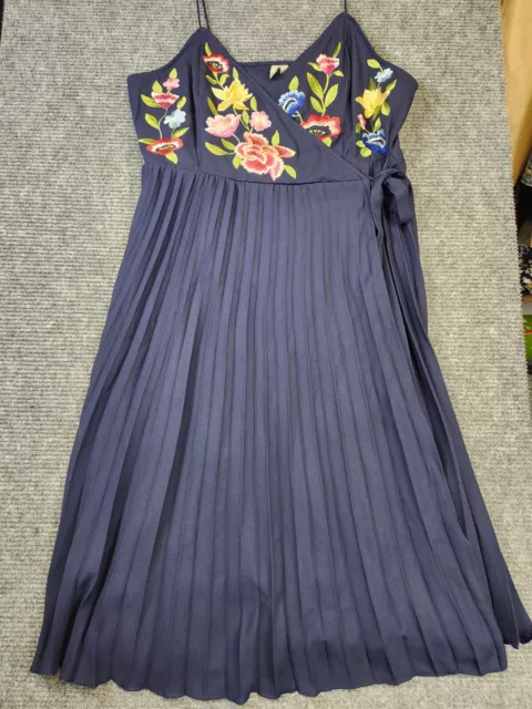 ASOS DESIGN Embroidered Pleated Midi Wrap Dress In Navy Size 18. Read