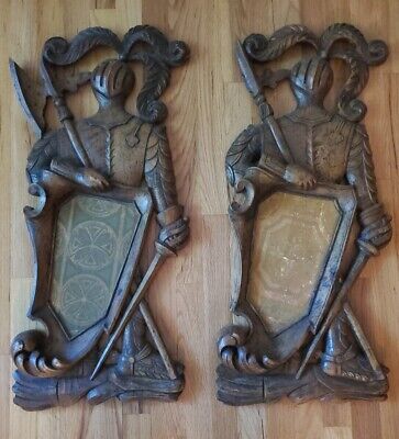 Vintage PR Hand Carved Wood Coat of Arms Knights Conquistador Wall Plaques Spain