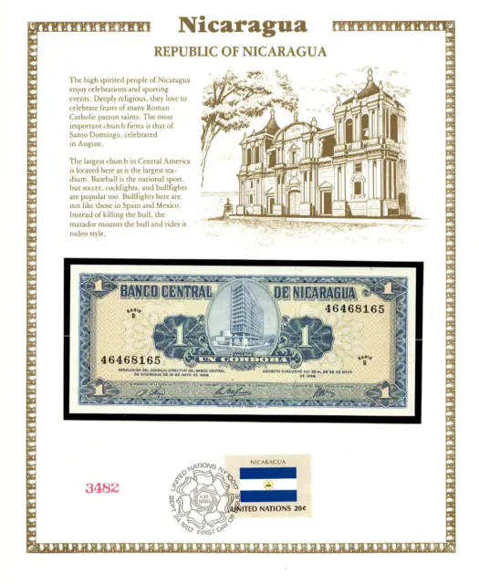 Nicaragua 1968 1 Cordoba UNC P-115 UNC w/FDI UN FLAG STAMP 46468165 Serie B