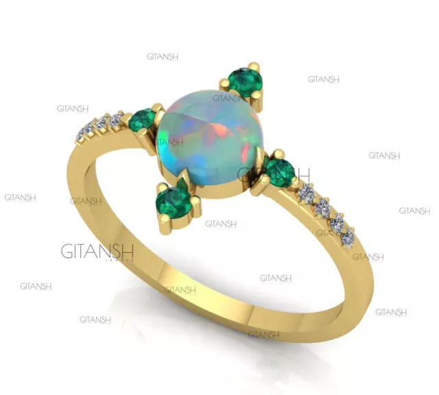 Australian Opal Diamond Stackable Ring Emerald Ring 18K Yellow Gold Wedding Ring