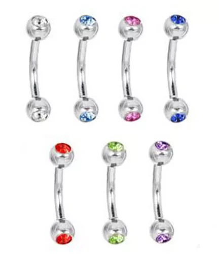 Lot 7pcs Eyebrow Bars Tragus Double Gems Crystal  Curved Barbell 1.2x8mm+3mm