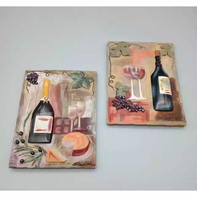 S. Vassileva Signed Set of Two 3(D) Dimensional Resin Wall Plaque Wine Themed