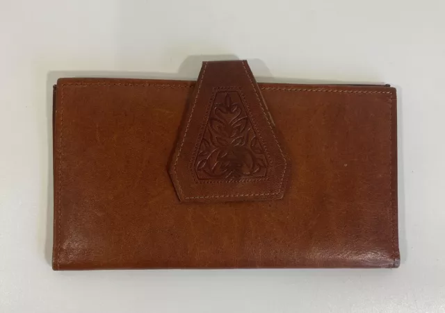 Womens Vintage Leather Wallet Cognac Brown Bifold Snap Thin Hand Tooled